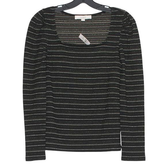 NWT Loft Womens Top Minimalist 90s Square Neck Puff Sleeve Stripe Black Size XXS - Picture 1 of 5